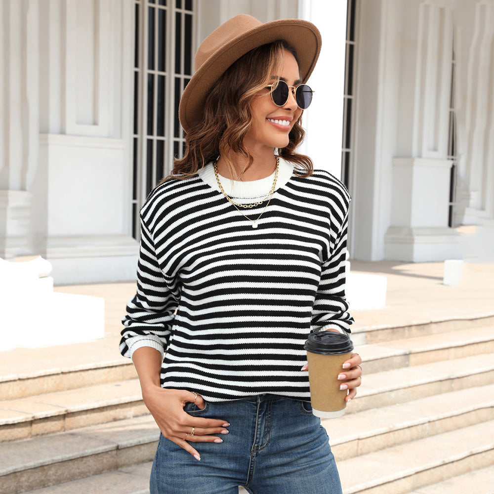 Women's Spring Clothes Stripes Contrast Color Long Knitwear