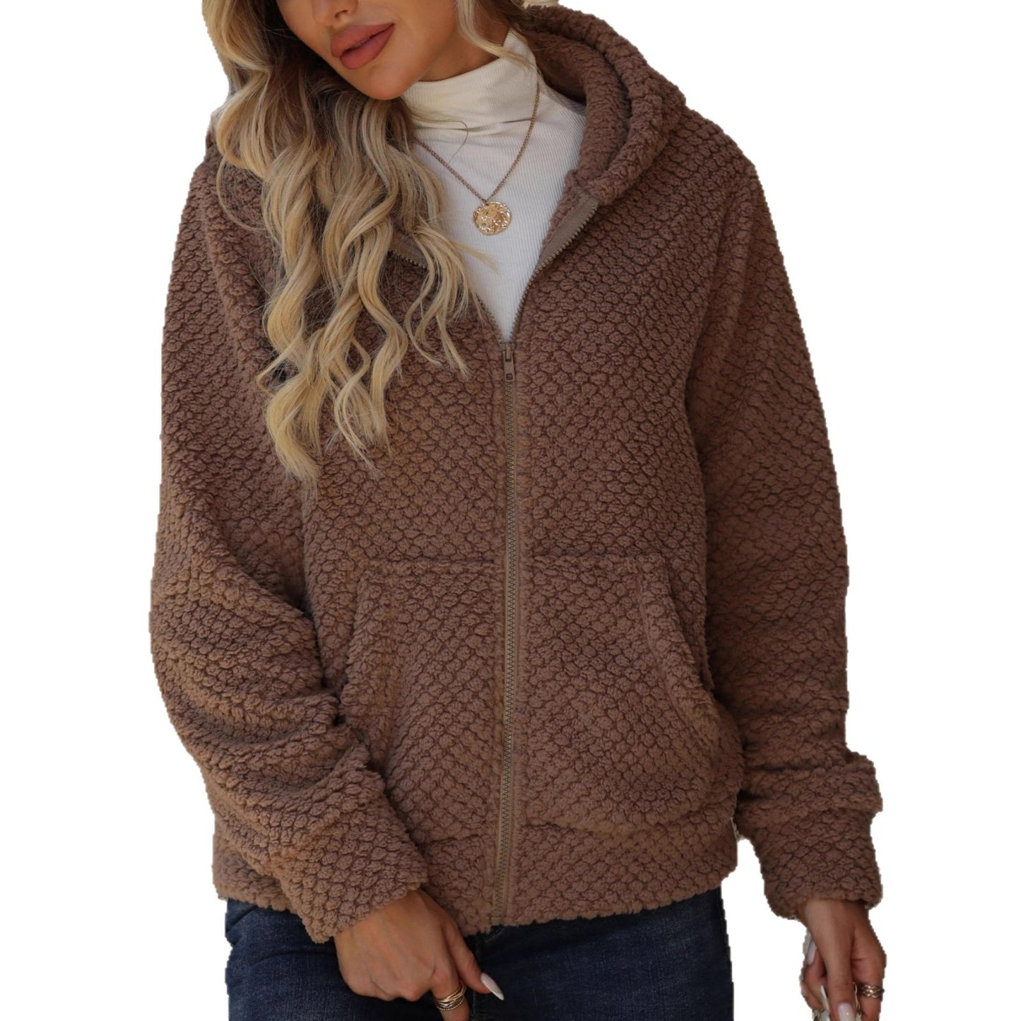 Women's Shiny Veet Loose Pockets Hooded Zip Coats