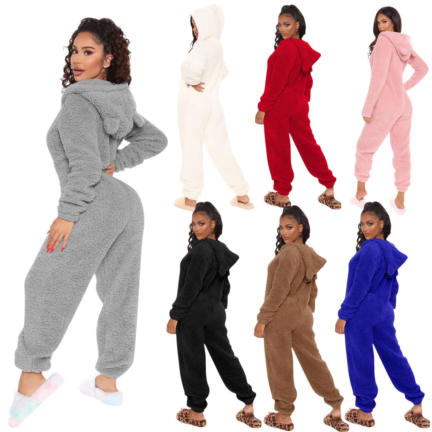 Long Sleeve Hooded Casual Trousers Plush Jumpsuits