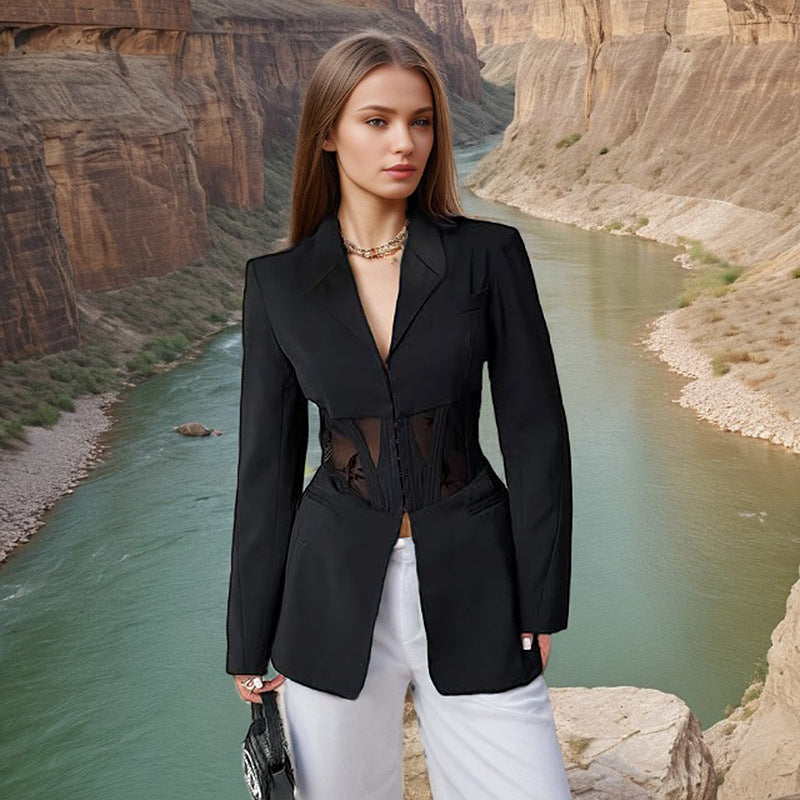 Women's Waist Mesh Slim Fit Patchwork Design Blazers