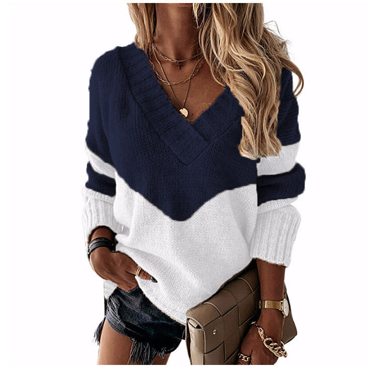 Collar Pullover Color Matching Striped Leopard Tops