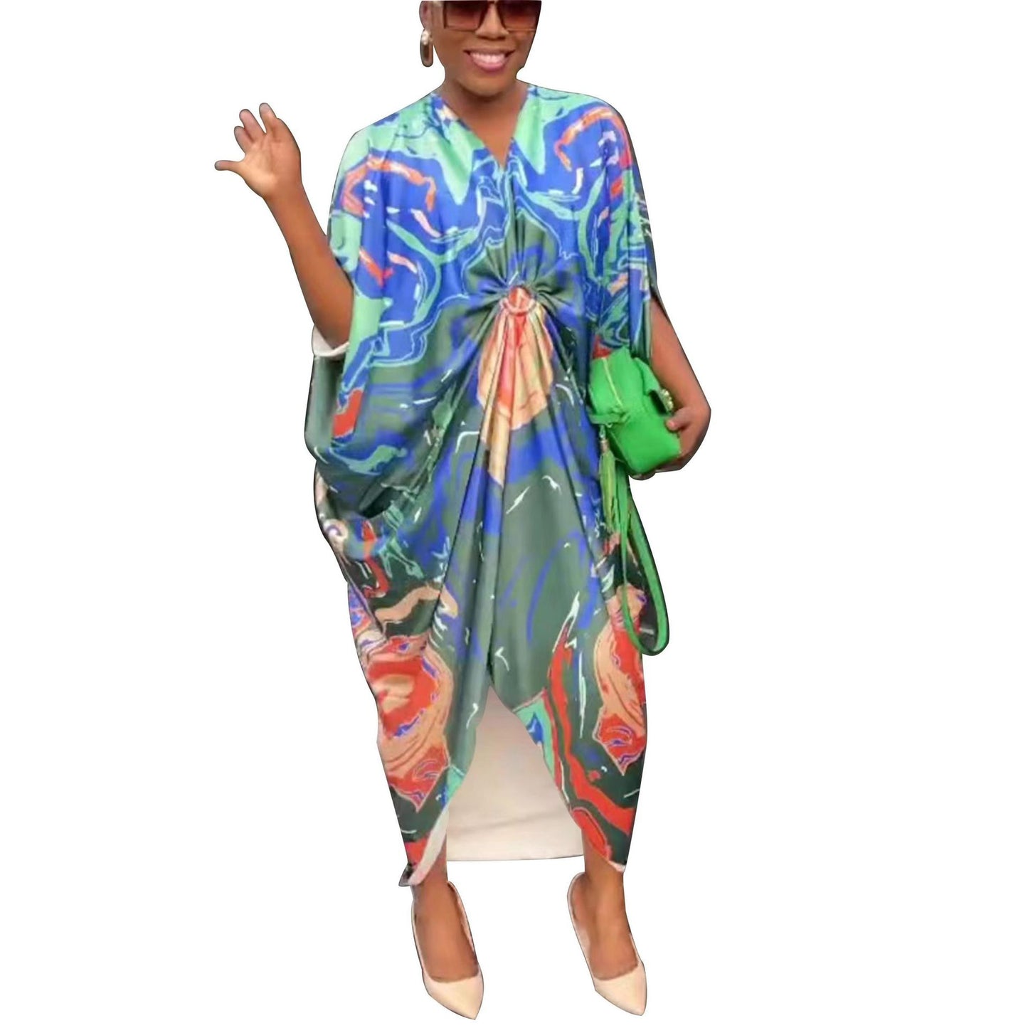Women's Summer Printed Wide Loose Satin Sleeve Dresses