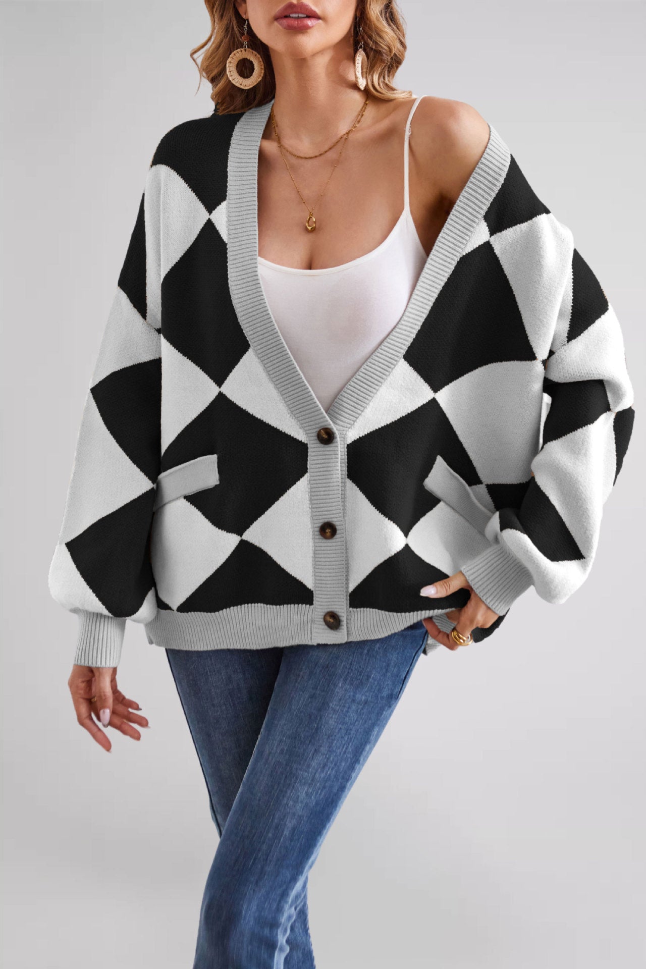 Women's Plaid Stitching Contrast Color Loose Knitted Sweaters