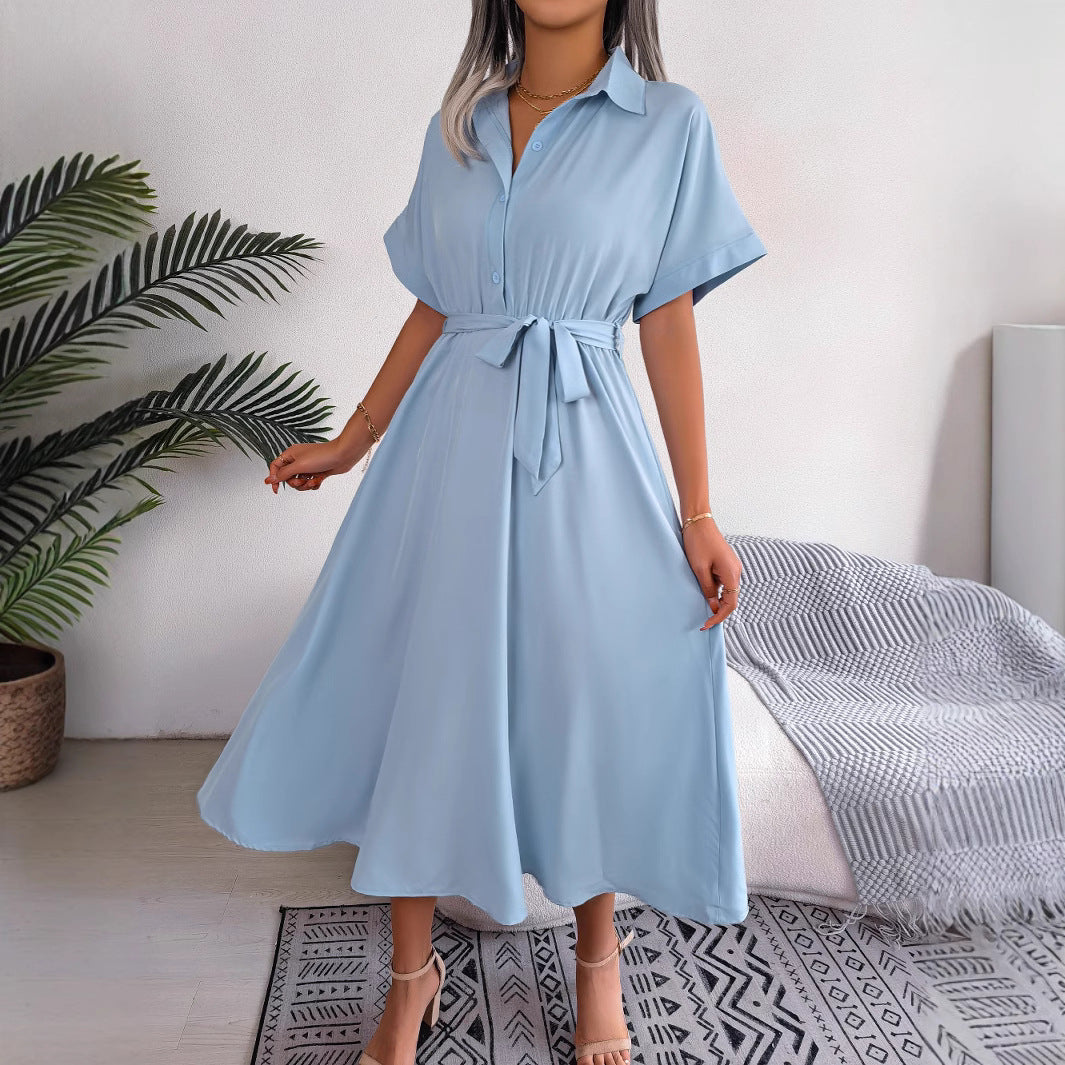 Women's Wind Casual Loose Pure Color Tied Shirt Dress