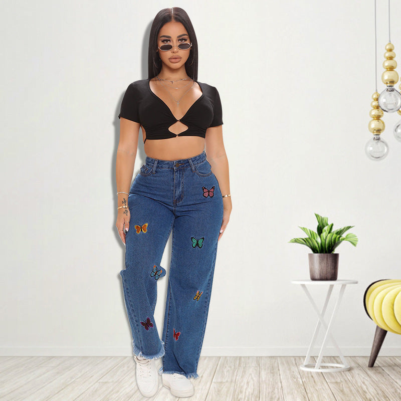 Women's Cool Autumn Embroidered Washed Sexy Jeans