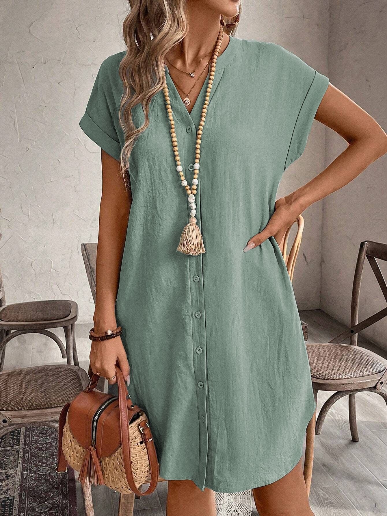 Women's Solid Color Short-sleeved Single-breasted Casual Seaside Dress