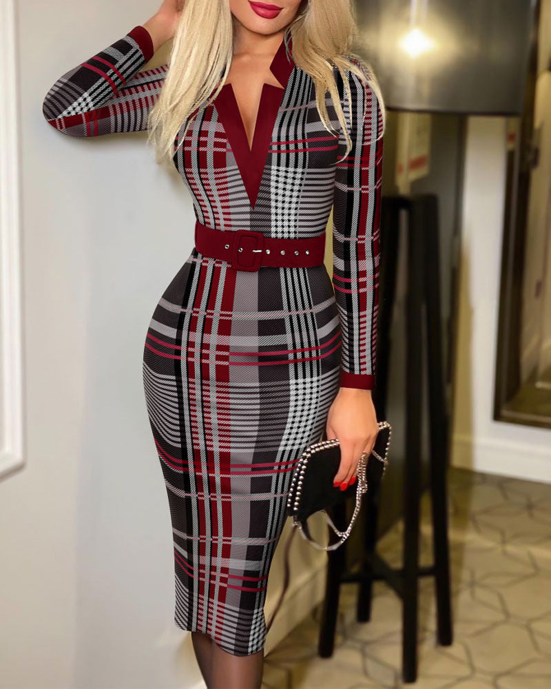 Women's Fashion Plaid Hip Long Sleeve Sexy Dress