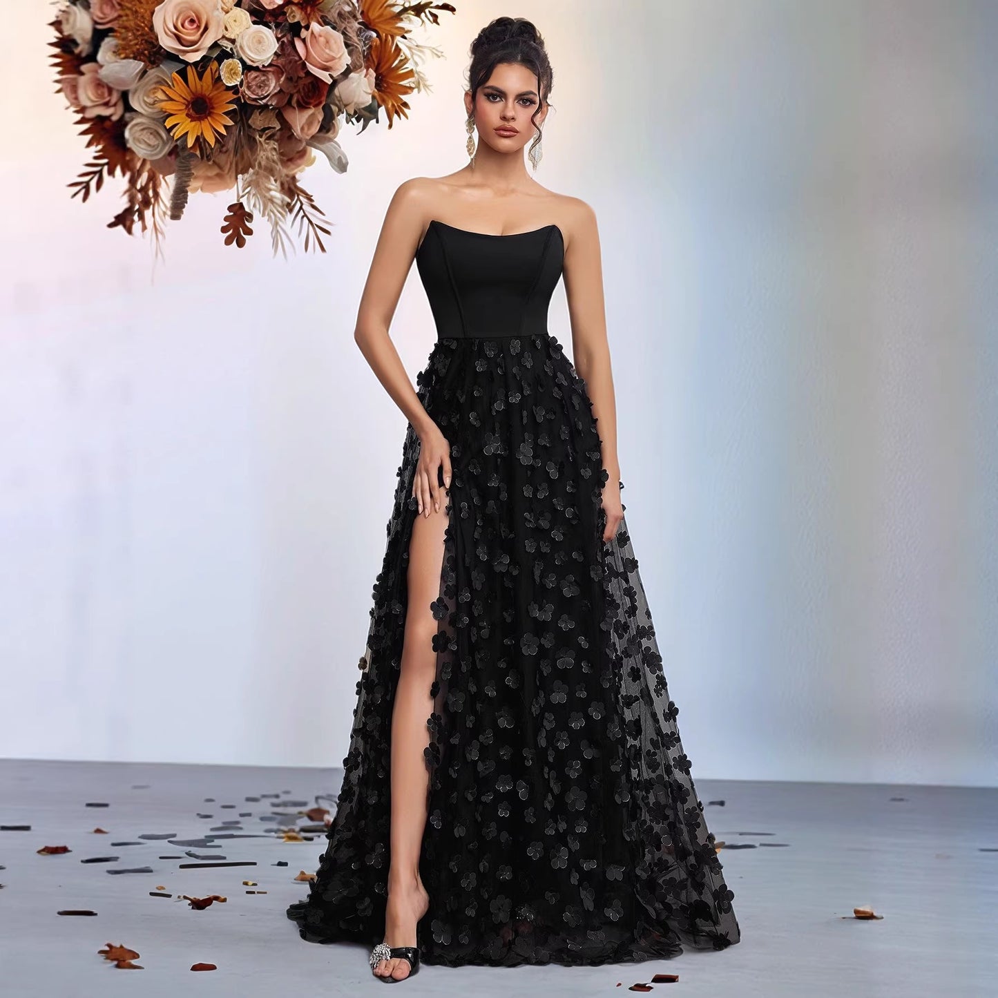 Type Three-dimensional Petals Mesh High Waist Side Slit Dress