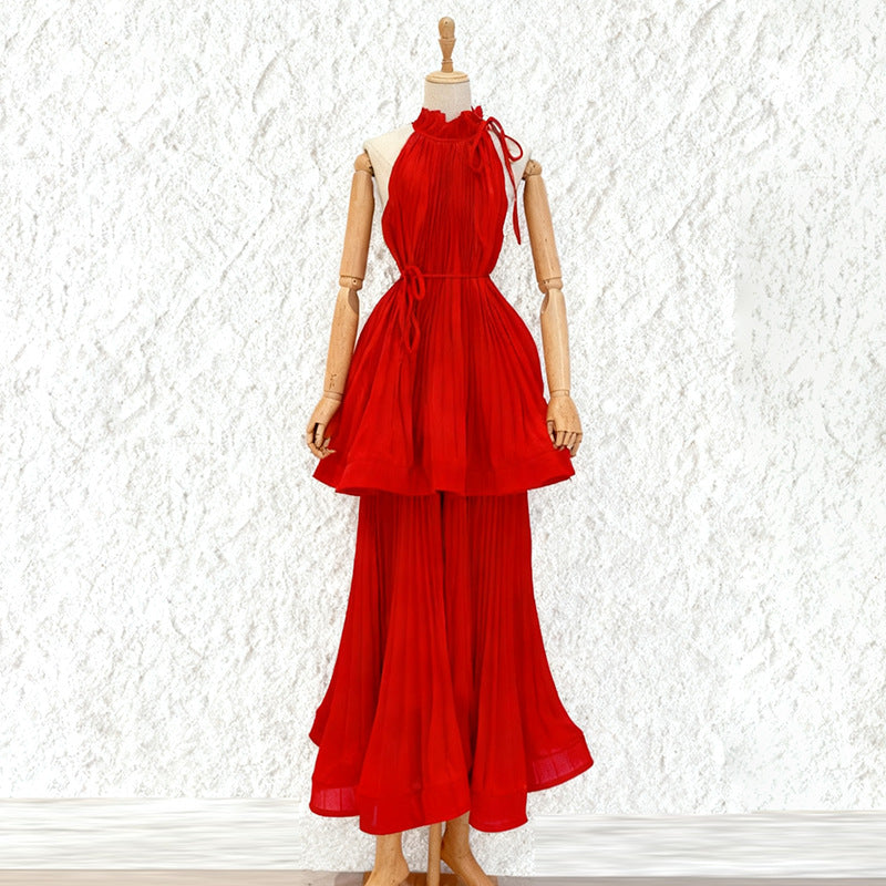 Women's Halter Sleeveless Pleated Gauze Dress Long Autumn Ruffled Dresses