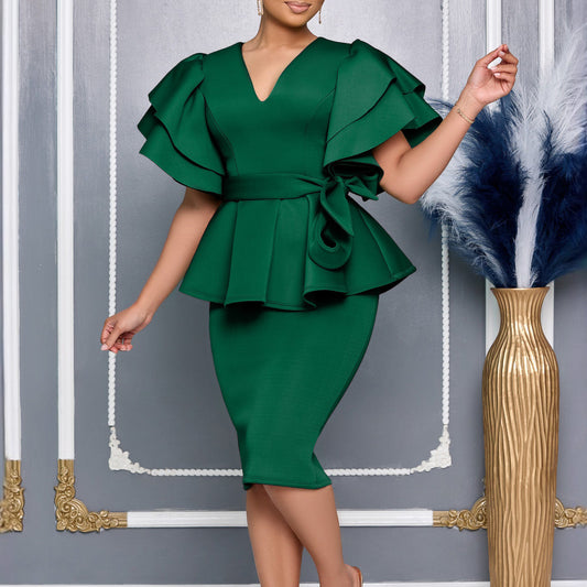 Fashionable Elegant Flounced Solid Color Sheath Dress
