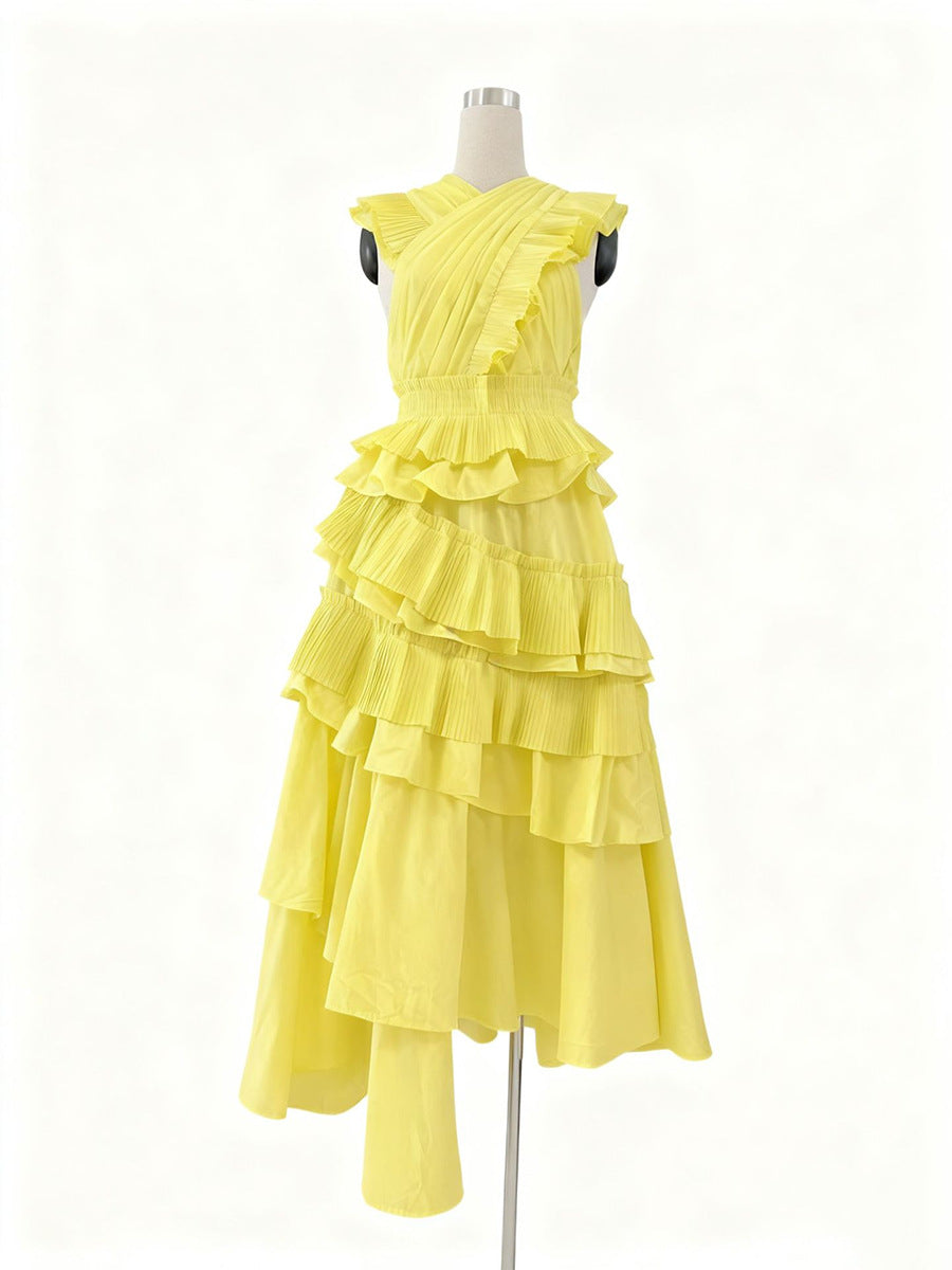 Women's Elegant Wooden Ear Stitching High-grade Collar Cross Long Dresses