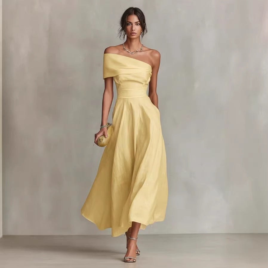 Women's Solid Color Waist Tight Slant Shoulder Collar Backless Dress
