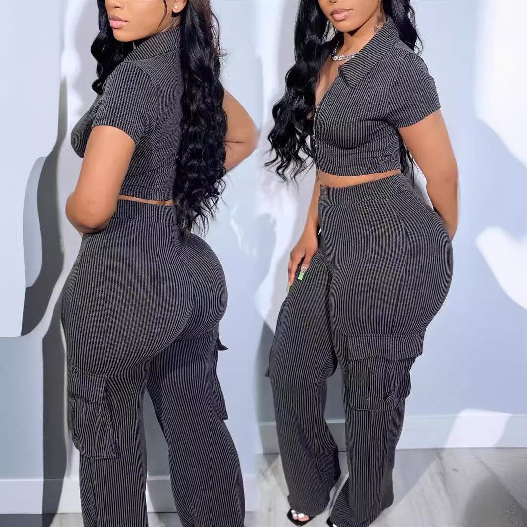 Zipper Trousers Casual Solid Color Two-piece Suits