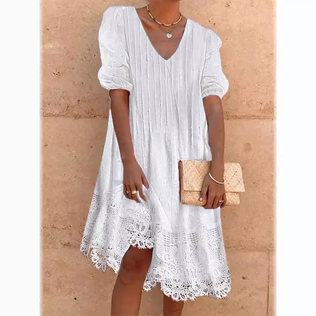 Women's Lace Summer Fur Ball Stripes Dress