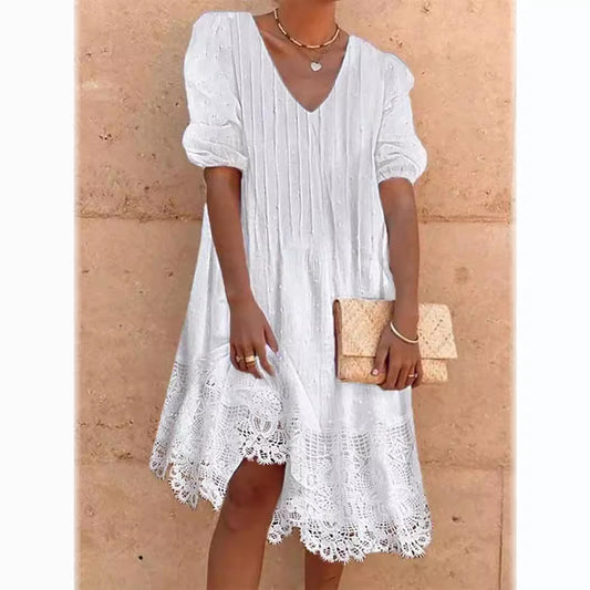 Women's Lace Summer Fur Ball Stripes Dress