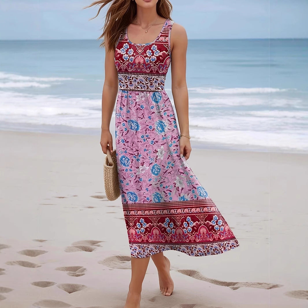 Women's Printed Seaside Beach Sleeveless Long Jumper Dress