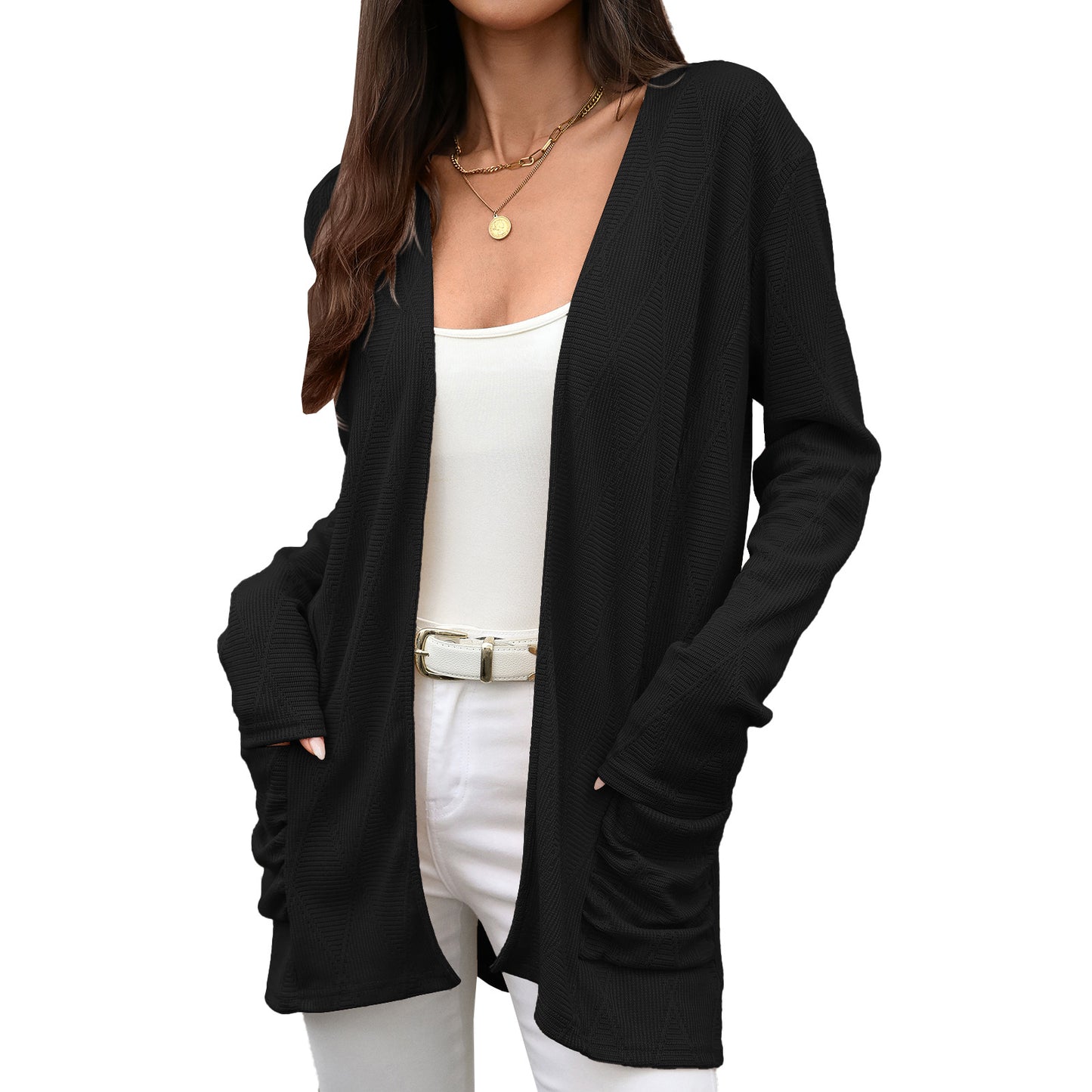 Women's Knitted Solid Color Mid-length Long Sleeve Cardigans