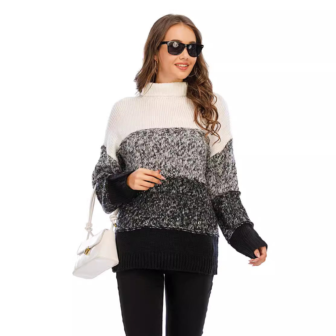 Versatile Women's Spring Splicing Loose Turtleneck Sweater