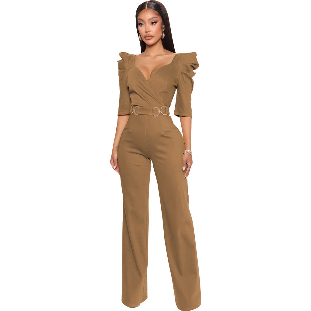 Women's Fashion Solid Color Three-quarter Length Sleeve Sexy Waist Jumpsuits
