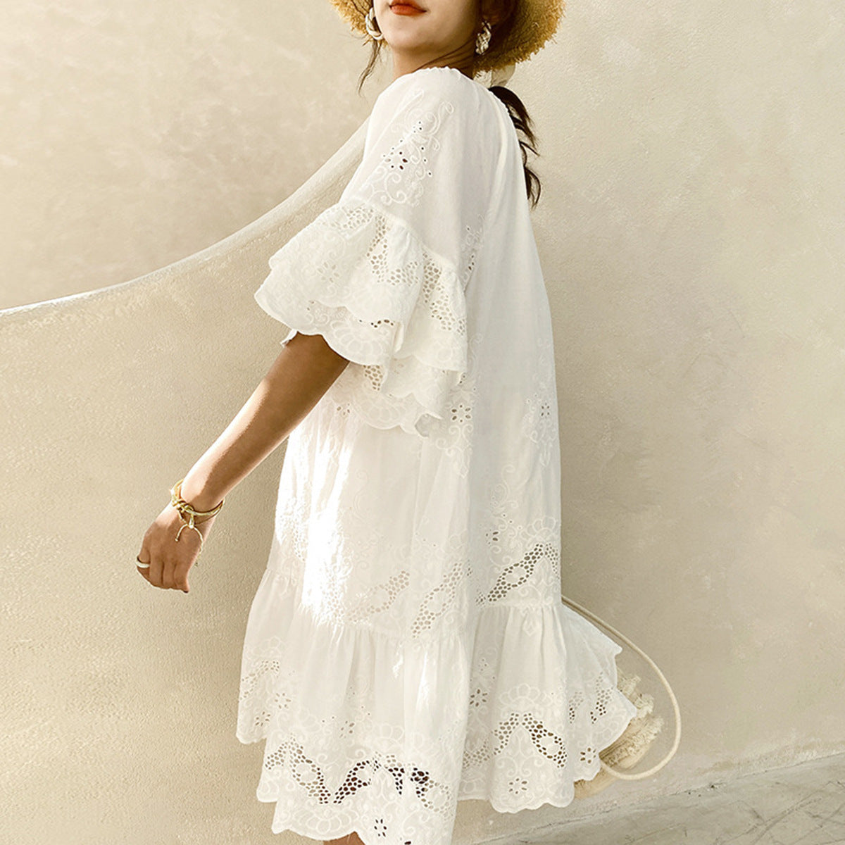 Pure Color Cotton Loose Waist White Lace Skirts