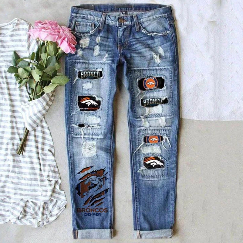 Women's Fashion Printed Ripped Straight Trousers Jeans