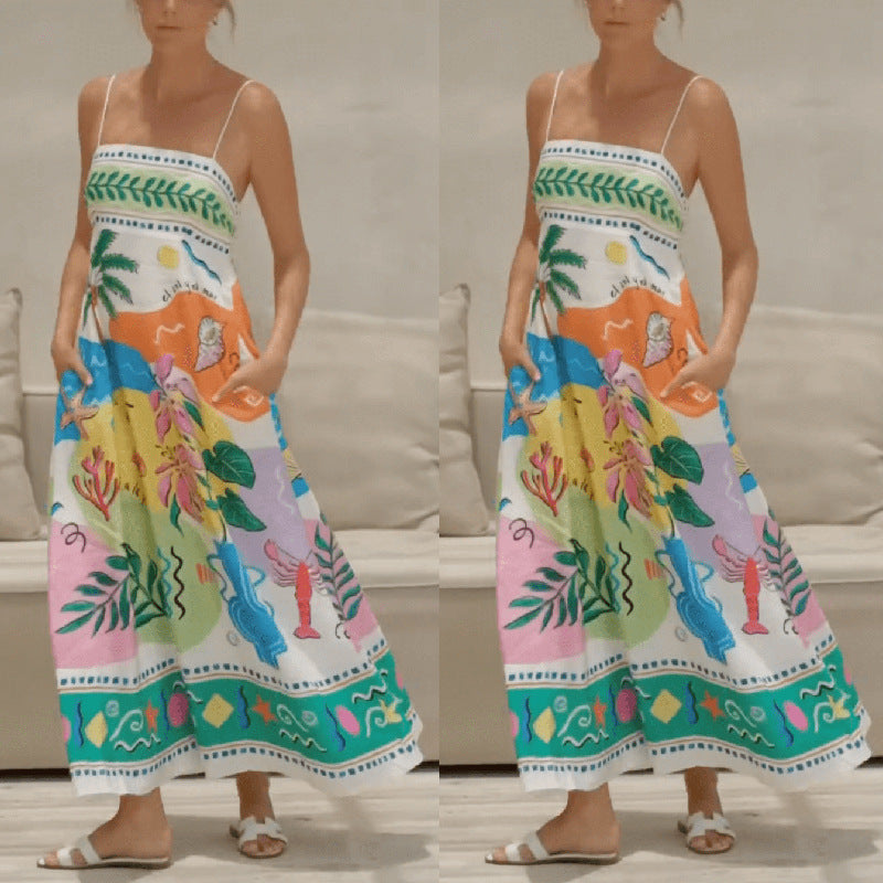 Women's Summer Elegant Positioning Floral Print Spaghetti Straps Dress