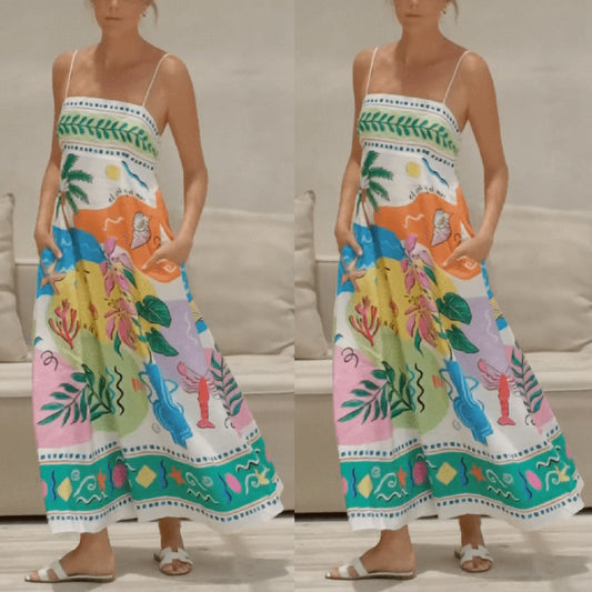 Women's Summer Elegant Positioning Floral Print Spaghetti Straps Dress