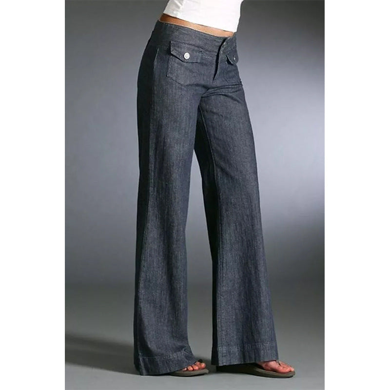 Single Front Pocket Button High Wide Leg Jeans
