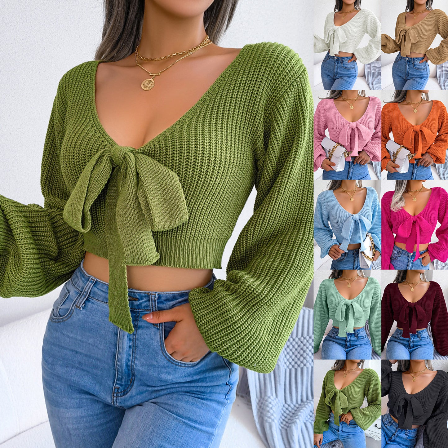 Women's Style Fashion Bowknot Lantern Sleeve Sweater
