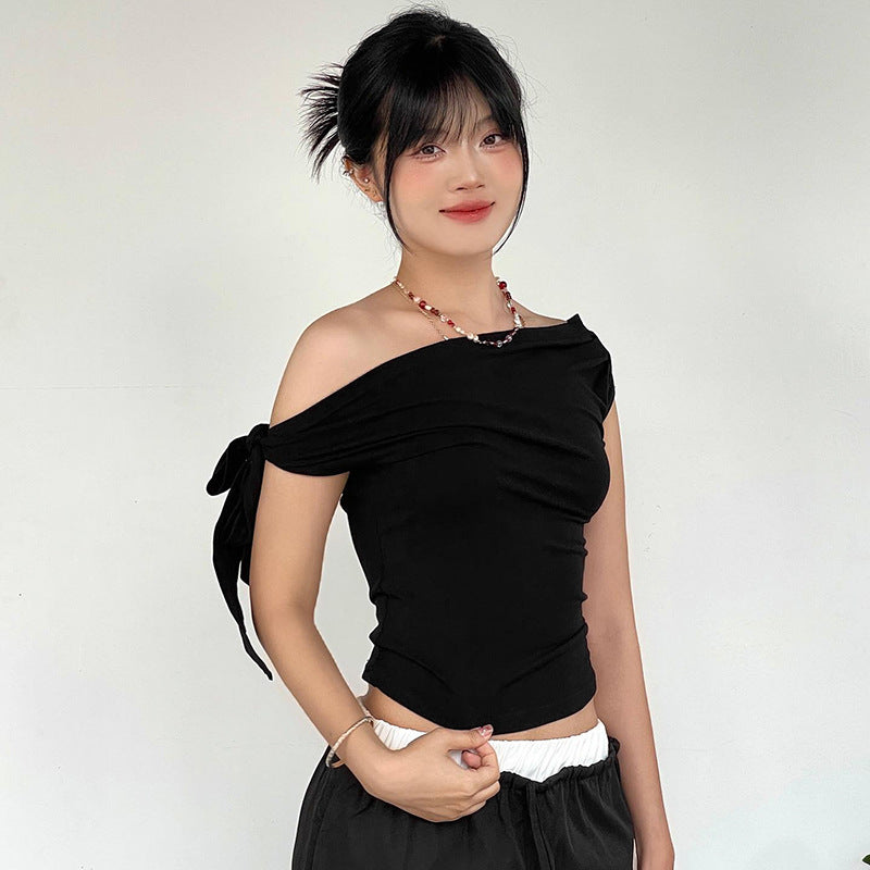 Women's Summer Pleated Backless Twisted Asymmetric T-shirt Blouses