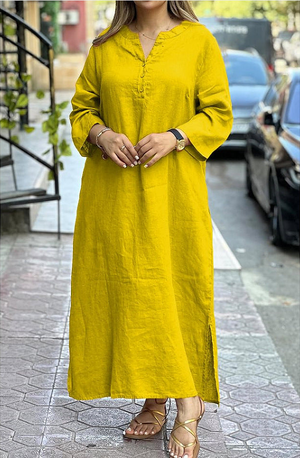 Cotton Linen Solid Color Long Sleeve Dress