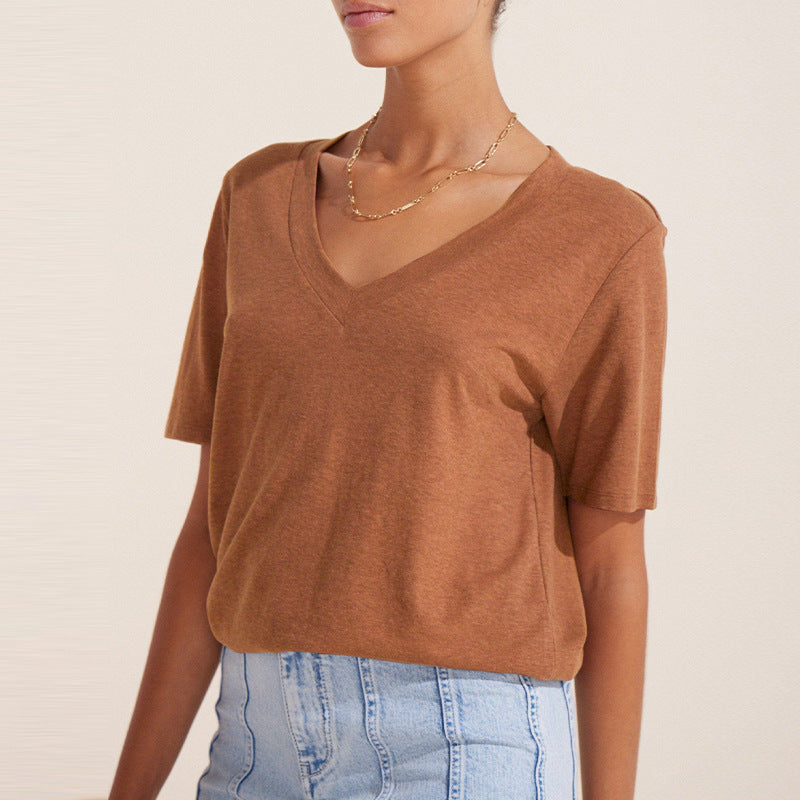 Women's Deep Design T-shirt Summer Knitted Hemp Bamboo Blouses
