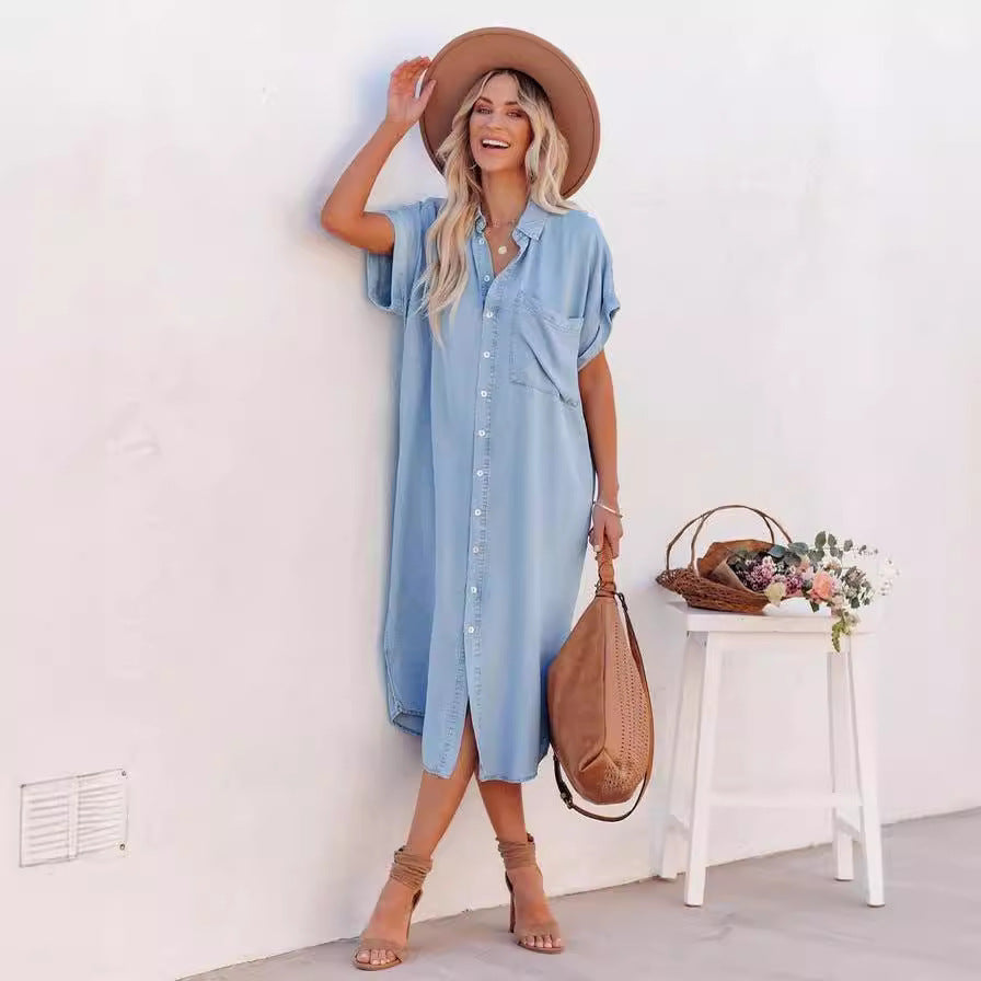 Women's Solid Color Denim Sleeve Long Pattern Split Dress