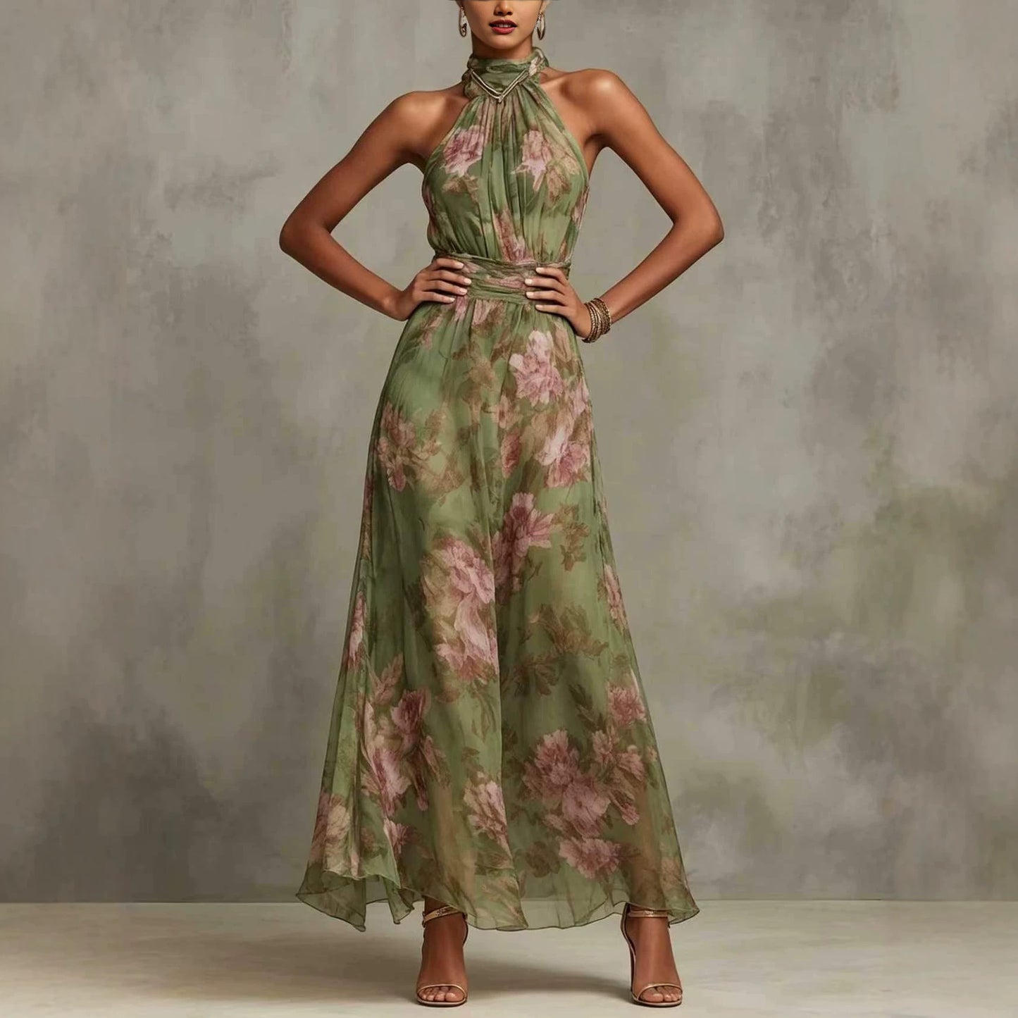 Women's Ruffle Hip Mesh Floral Print Irregular Slit Sexy Suspender Dress