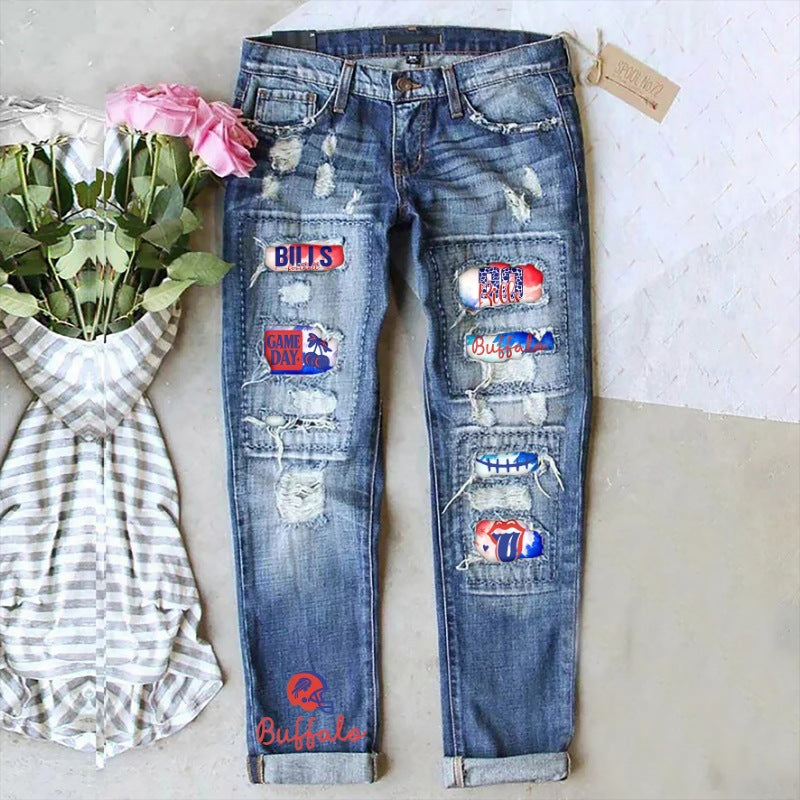 Women's Street Printing Ripped Straight Denim Trousers Jeans