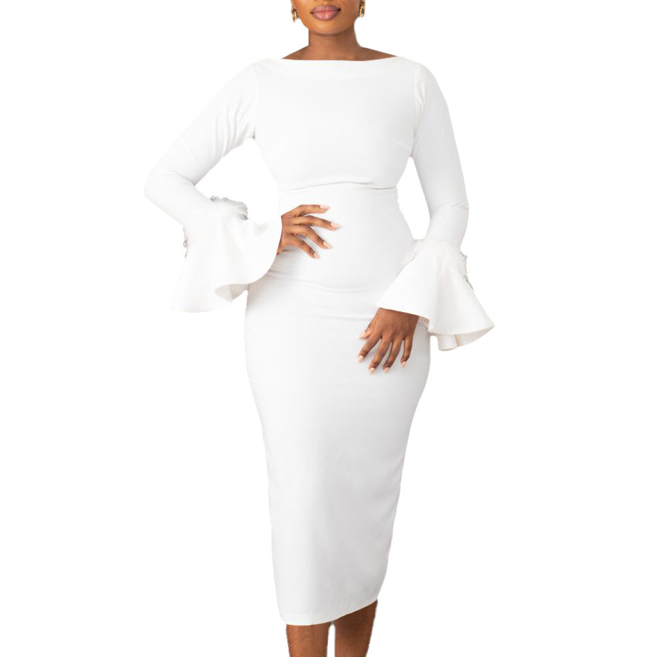 Women's Winter Fashion Solid Color Sheath Bell Sleeve Dress