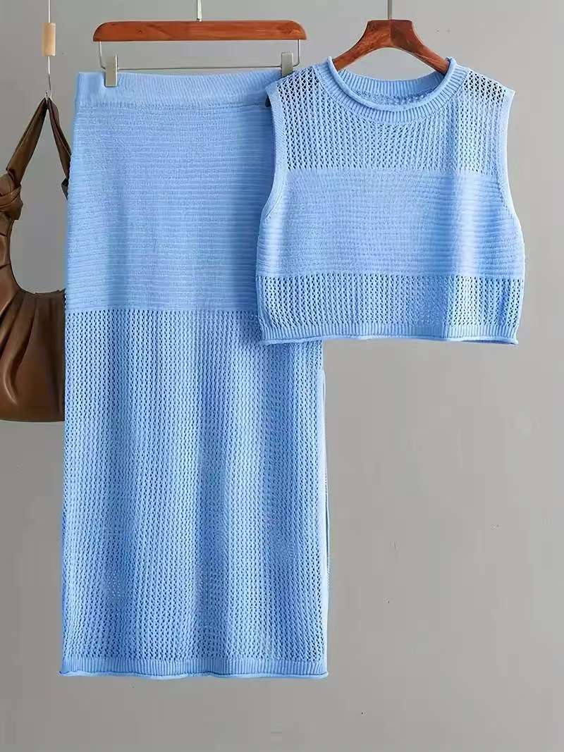 Hollow Sleeveless Summer Knitted Slit Two-piece Sweater