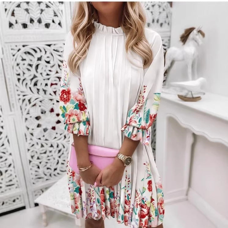 Classy Women's Printed Pleated Sleeve Pullover Dress
