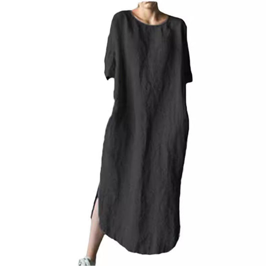 Round Neck Half Sleeve Solid Color Side Dresses