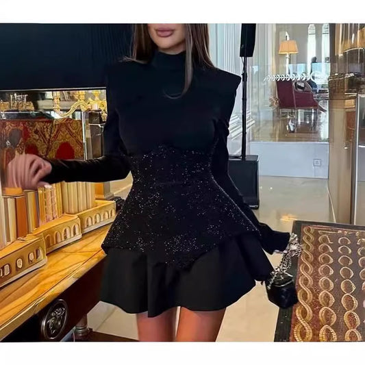 Fashion Stitching Sequined Long Sleeve Round Neck Sexy Party Dresses