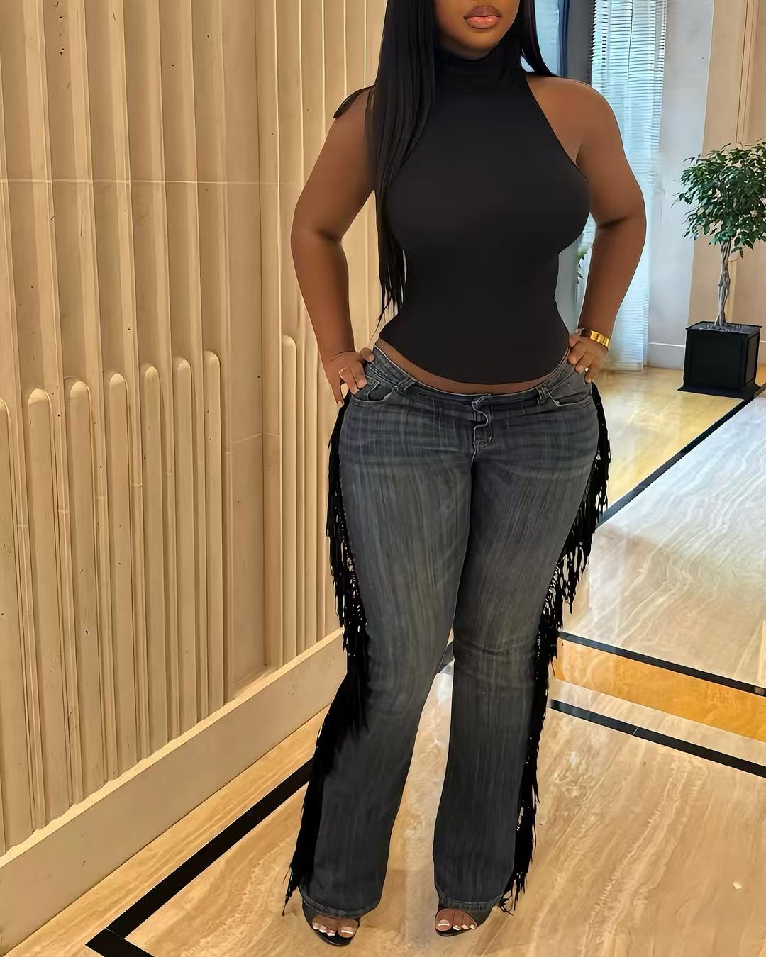 Women's Fashion Vintage Fringe High Waist Straight Jeans