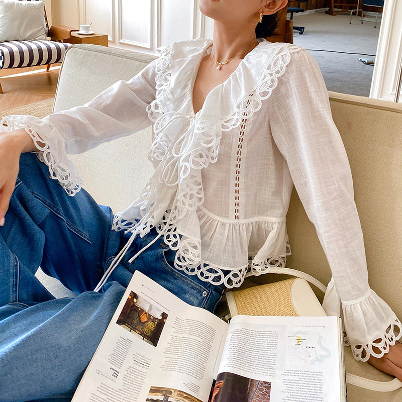 Women's White Shirt Long Sleeve French Design Blouses