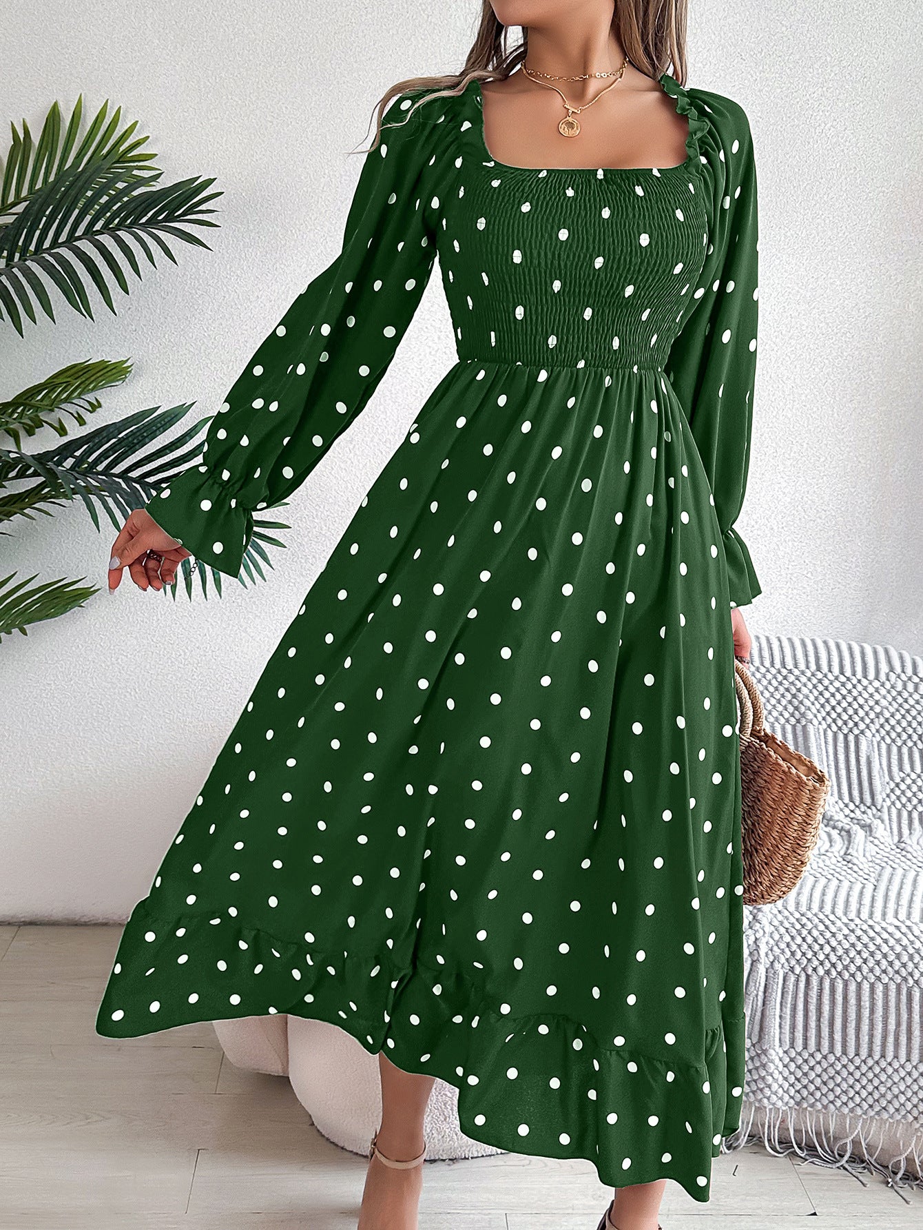 Women's Casual Wooden Ear Square Collar Polka Dot Large Dress