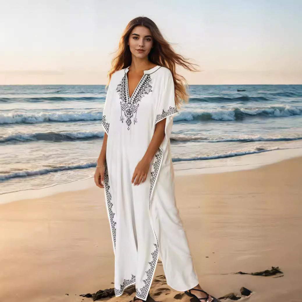 Women's Rayon Embroidered Slit Beach Vacation Robe Dresses