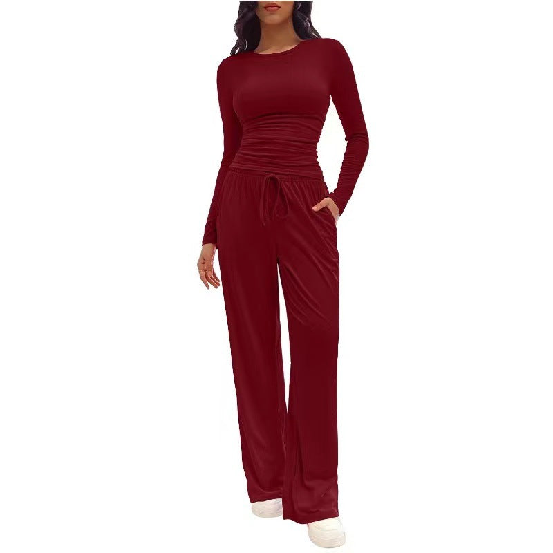 Women's Color Pleated High Waist Wide Leg Fashion Casual Suit