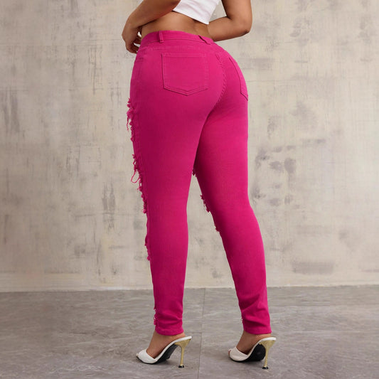 Women's Ripped Slim Fit Pencil Medium Elastic Straight Jeans