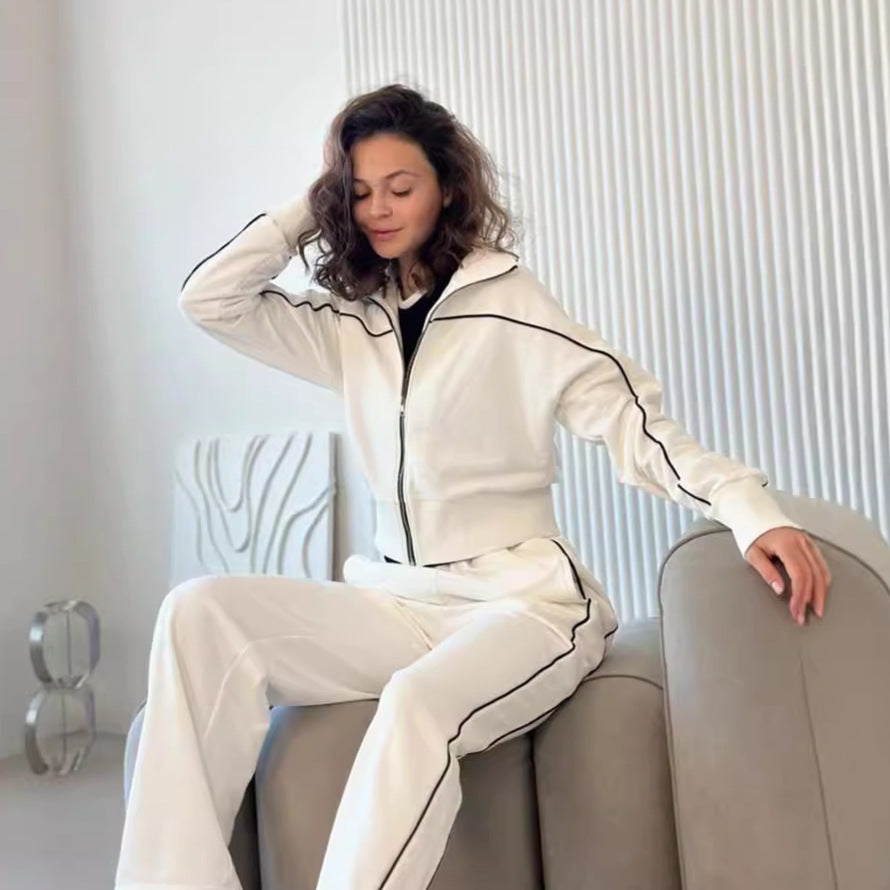 Women's Casual Long-sleeved Zipper Striped Trousers With An Suits