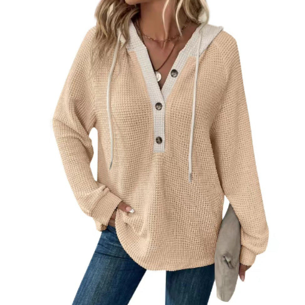 Women's Waffle Hooded Button Loose Long Sleeve Matching Women's Sweater, Sweater