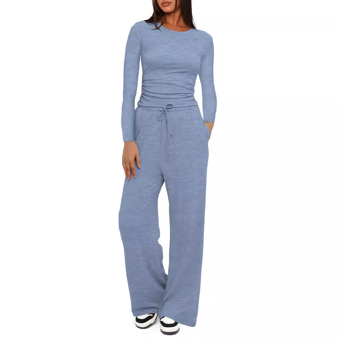 Solid Color Long Sleeves Outfit High Waist Wide Leg Tops