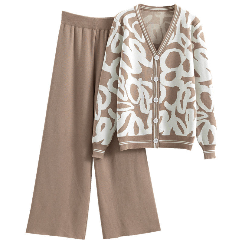 Women's Leopard Knitted Loose Wide Leg For Fashion Casual Suit